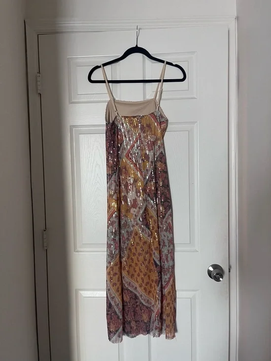 Spaghetti Strap Sequined Printed Maxi Dress in Mustard and Multicolor - Picture 3 of 4